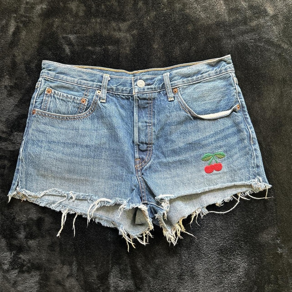 Levi's Blue Denim Shorts with Cherry Embroidery